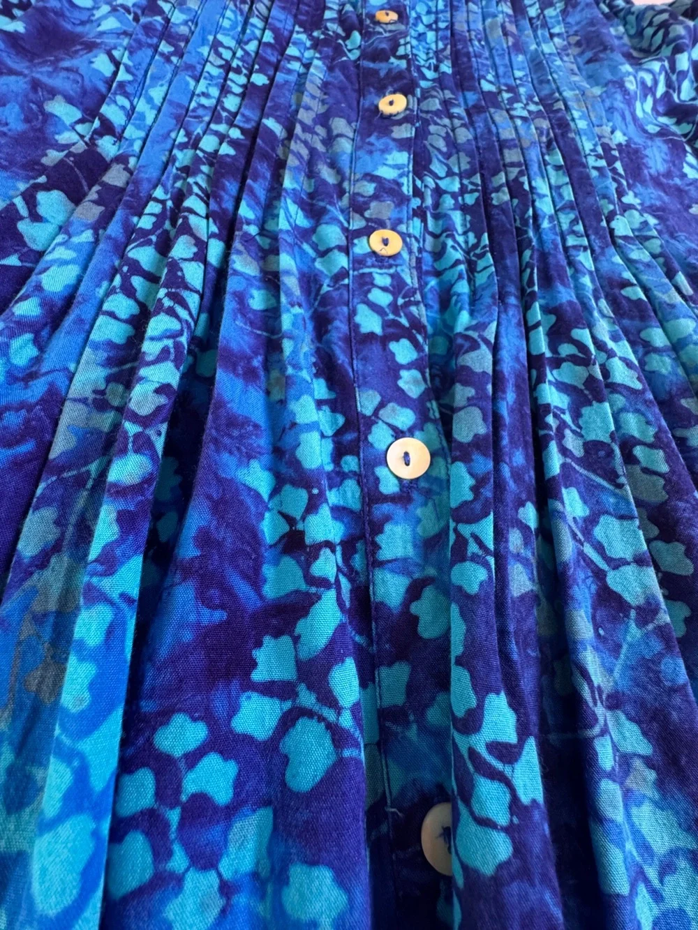Blue Batik Rayon Sleeveless Pintuck Button Front A-Line Dress